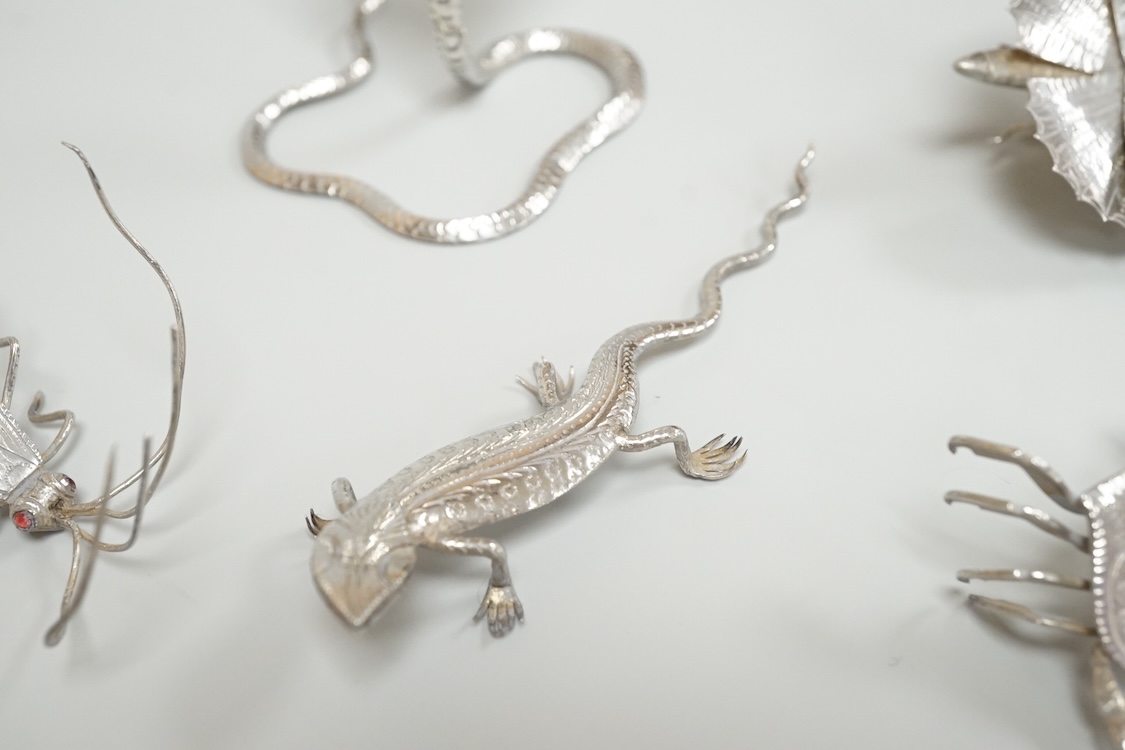 A group of nine assorted Indian white metal miniature model insects and reptiles, etc. including a King Cobra, scorpion, lizards, turtle, butterfly and crab etc.